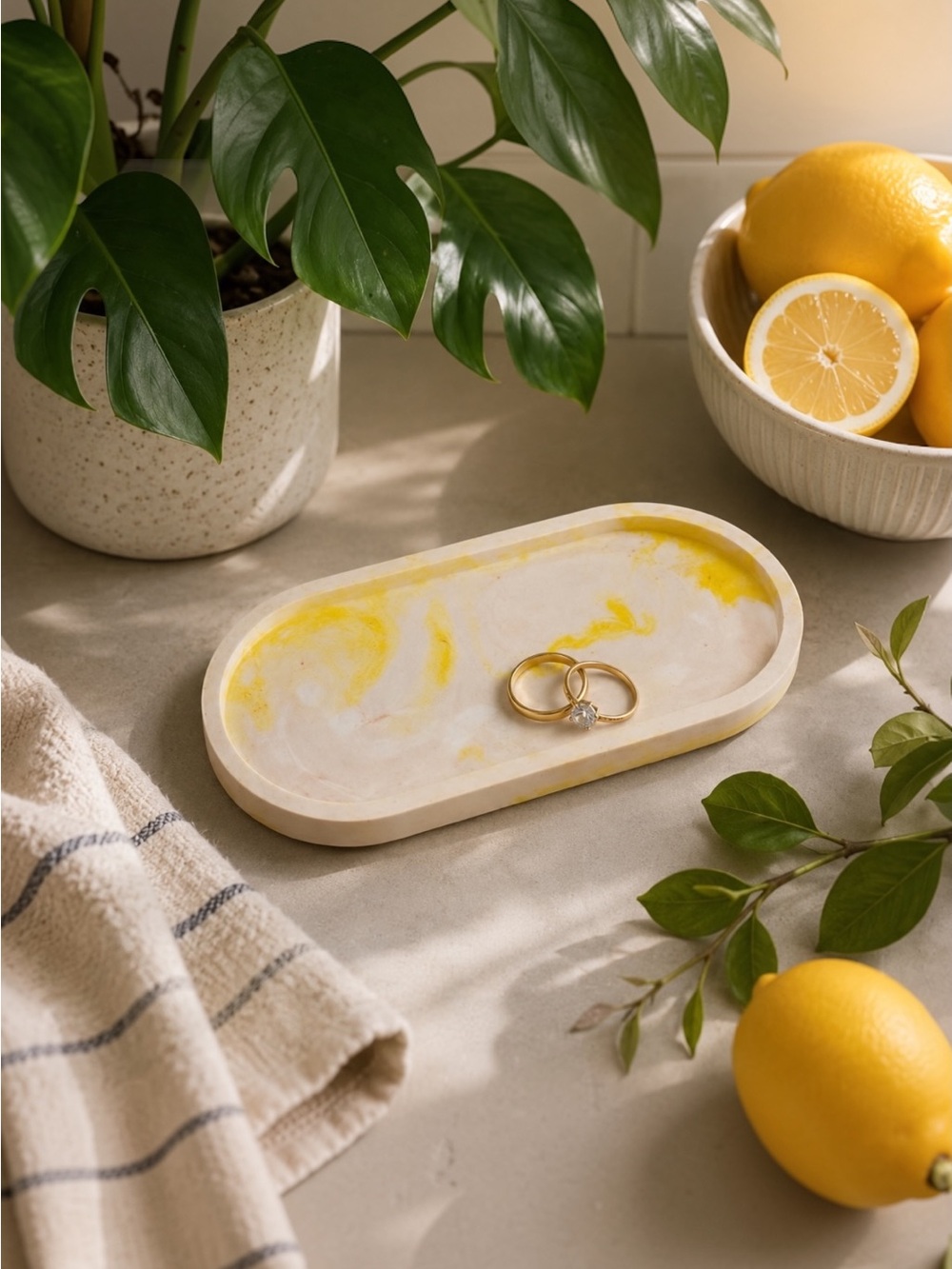 Marbleized Yellow Oval Trinket Tray - Minimal Home Accent